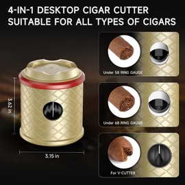 KEJIAR Desktop Cigar Cutter, 4-in-1 Rhombic Look Cigar Cutter with Cigar Holder, Two Size Guillotine, V-Shaped Cigar Cutter, Cuts up to 68 Ring Size Cigars, Gift Box Gifts for Men (Gold)