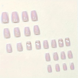 24pcs Chic French Tip Press-On Nails Set with Glitter Heart Design - Short