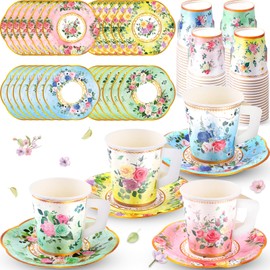 SUMMORO 160 Pcs Floral Paper Tea Cups and Saucers 7 OZ Disposable Paper Tea Cups with Handle and Plates for Tea Party Decoration Birthday Baby Shower Bridal Wedding Mother's Day