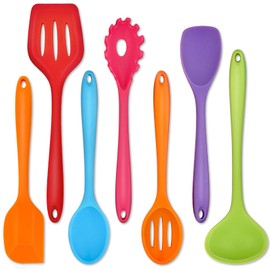 Silicone Kitchen Utensils, P&P CHEF 7-Pieces Cooking Utensils Spatula Set, Kitchen Tools for Nonstick Cookware Cooking Serving, Slotted Turner, Ladle, Spatula, Pasta Server, Spoon- Multicolor