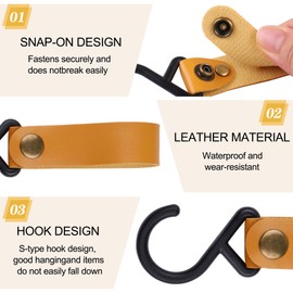 LiveGallery 5pcs S Shaped Leather Hooks, S-Hooks for Hanging, Camping Hook Hanger Stroller Hooks, Portable Outdoor Camping Hanging Hook for Kitchen Bathroom Towel Coat (Yellow)