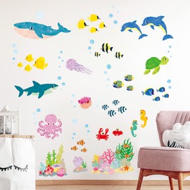 DECOWALL BA-2014S Sea Creatures in the Sea (Small) Wall Sticker Decor Kindergarten Nursery Kids Room DIY Wall Decal Sticker Wall Art Stickers Boys Girls Children Bathroom Decor Vinyl Bedroom Teen Kids
