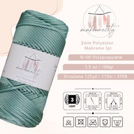 Makromecity, Polyester Macrame Cord 2mm x 125 Yards (375 feet) 2mm Polypropylene Crepe Green Macrame Cord Crochet Macrame Bag Cord Crafts for Wall Hangings, Bags, Underplate, Rug