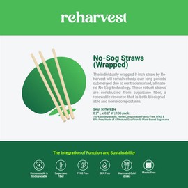 Reharvest Individually Wrapped 8-Inch, No-Sog Straws [Pack of 100], 100% Biodegradable, Home Compostable, Plastic-Free, PFAS-Free, Made of Eco-Friendly Plant-Based Bagasse Sugarcane Fibers