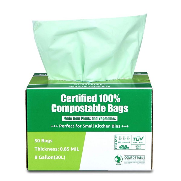 Primode 100% Compostable Bags, 8 Gallon (30L) Food Scraps Yard Waste Bags, 50 Count, Extra Thick 0.85 Mil. ASTM D6400 Compost Bags Small Kitchen Trash Bags, Certified by BPI and TUV
