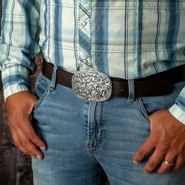Antique Engraved Floral Belt Buckle - Stylish, Heavy-Duty, Vintage Western Accessory Copper/Silver (Silver)