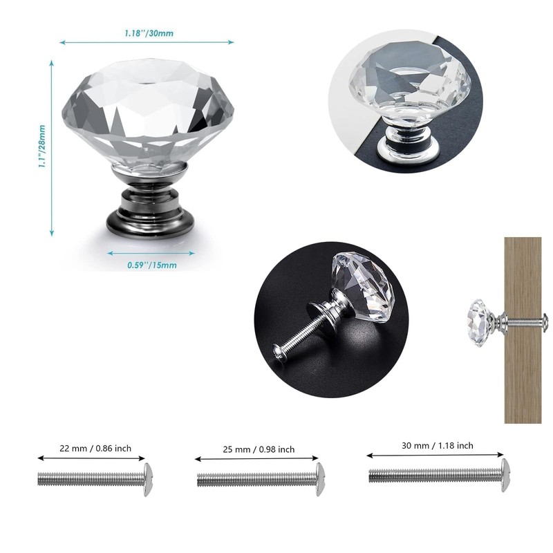 OctinPris 20pcs 30mm Crystal Glass Knobs Door Drawer Wardrobe Pull