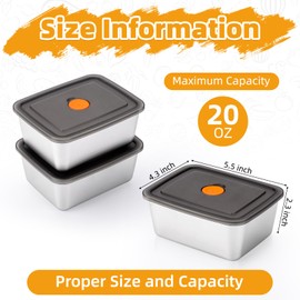 fecoqi 3 PCS(20oz) Stainless Steel Food Storage Containers With Lids | Snack Containers for Kids, Freezer Safe, Microwave Safe | 316 Metal Containers For Meal Prep, Leftovers, Freezer