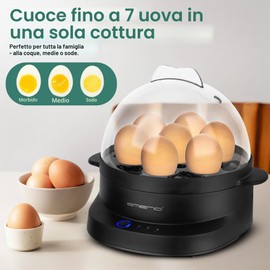 EMERIO Cuociuova unico cuoce tutti e tre i livelli di cottura (morbida, media, dura) in un solo processo di cottura per 7 uova con un risultato perfetto e parla in diverse lingue (DE EN FR ES IT PL NL