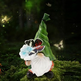 AVEKI Garden Statues Outdoor, Cute Dwarf Figurines with Change Color Solar Lights, Solar Powered with Butterfly and Flowers Outdoor Garden Decor for Yard Lawn Patio (Butterfly)