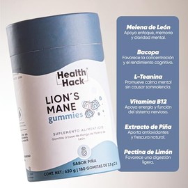Health Hack Melena de León en Gomitas, 1000 mg de Adaptógeno, con 300 mg Bacopa Monnieri, 150 mg L-Teanina y Vitamina B12, Sabor Piña, Suplemento Vega
