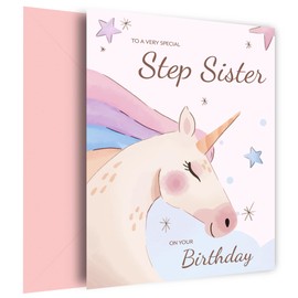Unicorn Birthday Card for Step Sister Birthday Cards 4th 5th 6th 7th 8th 9th 10th Bday - Watercolour Style, Unicorn Birthday Card, Step Sister