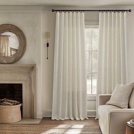 Flax Linen Long Curtains 108 Inch Length for Living Room 2 Panels Back Tab Pocket Large Window Draperies Sack Tweed Light Filtering Semi Sheer Beige Curtain for Patio Door Cotton Muslin Look 9 FT Tall