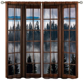 Misty Forest Landscape Curtains, Wooden Window Forest Mountain Rustic Bedroom Living Room Kitchen Blackout Curtains 42x54 Inch