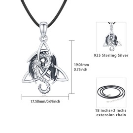 Dragon Necklace for Men 925 Sterling Silver Dragon Celtic Necklace Dragon Pendant Necklace Jewellery Fathers Day Gift for Men's（Black rope 18 inches + 2 inches） (A)