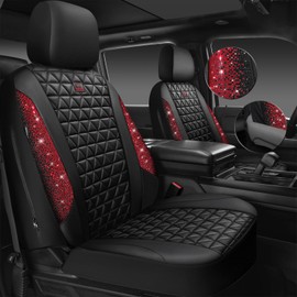 CAR PASS Bling Diamond Black Red Leather Car Seat Covers Full Set, Waterproof Shining Glitter Sparkly Crystal Universal Armrest Fit Automotive Truck SUV Women Girl, Rhinestone Interior Cover Set, Red