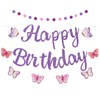 Butterfly Birthday Decorations, Pre-Strung Purple Happy Birthday Banner with Circle