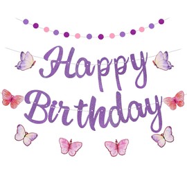 Butterfly Birthday Decorations, Pre-Strung Purple Happy Birthday Banner with Circle Dot Garland NO DIY Butterflies Birthdays Sign Theme Party Decorations for Girls Women
