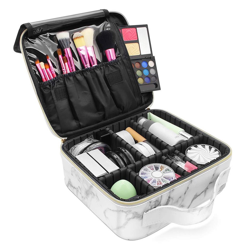 Marble Makeup Organizers and Storage,LKE Cosmetic Bags Waterproof Marble Travel Makeup Train Case Jewelry Travel Organizer with Adjustable Dividers (9.8x8.86x3.7 inches)