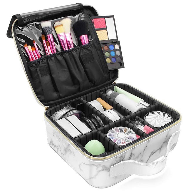 Marble Makeup Organizers and Storage,LKE Cosmetic Bags Waterproof Marble Travel Makeup Train Case Jewelry Travel Organizer with Adjustable Dividers (9.8x8.86x3.7 inches)
