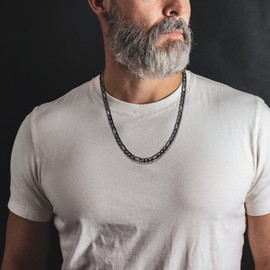 Oaldilee Mens Black Figaro Chain Necklace, Punk Jewellery Hip Hop Style Chains, 4mm Sturdy Figaro Link Chain for Men, 22"