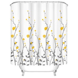 RnnJoile Yellow Flowers Bathroom Shower Curtain Yellow Floral with Grey Leaves Bath Curtain Waterproof Durable Polyester Fabric Cloth White Pattern Bathroom Accessories with 12 Hooks 72"x72"