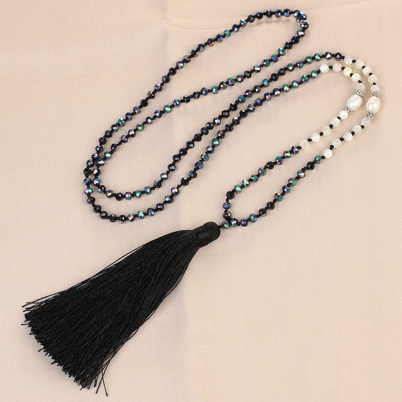 Kelitch Bohemian Natural Fresh Water Pearl Crystal Bead Tassel Necklace