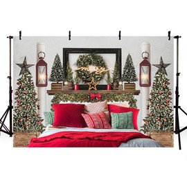 MEHOFOND 10x7ft Red Christmas Headboard Bed Backdrop Kids Portrait Photography Winter Holiday Family Picture Photoshoot Merry Xmas Tree Photo Background Party Decor Banner