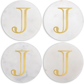 Mary Square Monogrammed J Gold Foil 4 inch Marble Round Coasters Set of 4