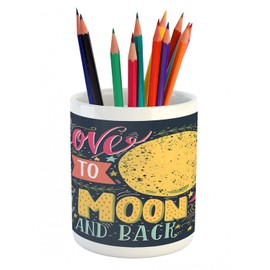 Ambesonne I Love You Pencil Pen Holder, Valentines Day Featured Festival in Love Wish Feelings Image, Ceramic Pencil Holder for Desk Office Accessory, 3.6" X 3.2", Dark Petrol Blue Yellow