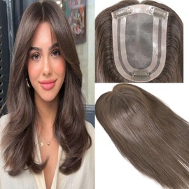 Voloria 14INCH Clip In Hair Toppers for Women Real Thinning Human Hair 4x6inches Mono Lace with PU Base Free Part No Bangs Silk Straight Hair 3# Dark Brown Color