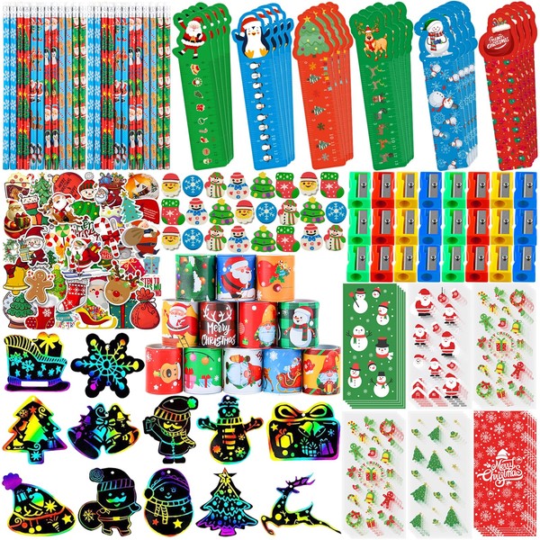 Mepmela Christmas School Stationery Set with Rulers Pencils Erasers Stickers Treat Bags Party Favors for Kids Students Classroom Gift Exchange School Games Prizes Reward Carnival Holiday Gifts