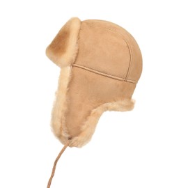 Zavelio Unisex Shearling Sheepskin Leather Aviator Russian Ushanka Trapper Winter Fur Hat, Tan, X-Large