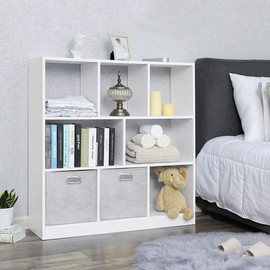 i BKGOO Cloth Storage Bins Set of 4 Thick Fabric Drawers Foldable Cubes Basket Organizer Container with Dual Metal Handles for Shelf Cabinet Bookcase Boxes Grey-White 10.5x10.5x11 inch