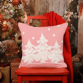 DFXSZ Pink Christmas Pillow Covers 18x18 Set of 4 for Christmas Decorations Merry Christmas Tree Believe Snowflake Winter Holiday Decor Throw Cushion Case for Home Couch