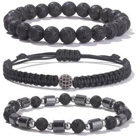 Mens Beaded Bracelet Set 8mm 4mm Healing Gemstone Braided Rope Bracelets with Cubic Zirconia Charm Hematite Stainless Steel Bead Bracelet Cool Stackable Anxiety Jewelry Gifts for Men(Lava Rock)
