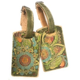 Handpainted Rustic Leather Luggage Tag in Mandala or Flora Leaf Style with Name Plate Bag Tag - You choose the color