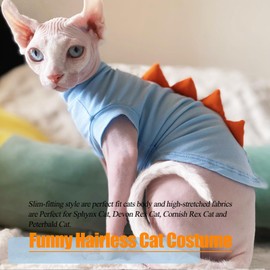DENTRUN Sphynx Cat Clothes, Cute Dinosaur Design Hairless Cat Costume, Breathable Cotton Shirts Cat Clothes for Cats Only, Round Collar Kitten Daily T-Shirts with Sleeves, Cats Funny Cosplay Apparel