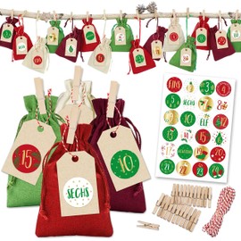 Papierdrachen 24 Advent Calendar Fabric Bags for Filling – Classic Christmas Calendar – Fabric Bags for Decorating and Crafts – Gift Bags – Linen