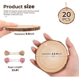 ilauke Wood Slices, 20 Pcs 3.5"-4" Natural Wood Rounds with Predrilled Hole, Wooden Circles with Bark, Unfinished Wood Kit for Paint DIY Ornaments Christmas Crafts Arts Wedding Decorations