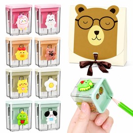 Pack of 8 Pencil Sharpeners with Container in Gift Box, Double Hole Pencil Sharpener for Thick and Thin Pens, Cute Animal Motifs, Sharpener School Office, School Gift, Class Prizes, Party Bags