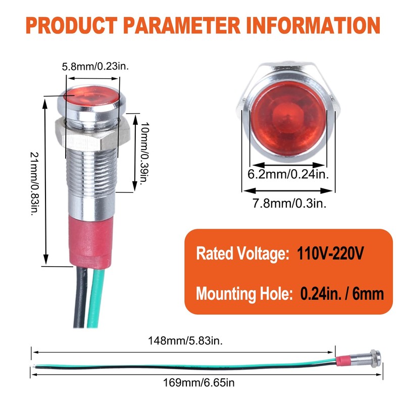 DMWD 10Pcs 6mm (1/4") 110V-220V Metal LED Indicator Light 20mA