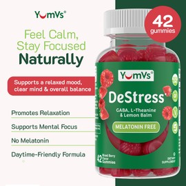 YumV's De-Stress Gummies with GABA, L-Theanine and Lemon Balm - Mixed Berry Flavor - Calming Gummies for Adults and Teens - Gluten Free Non-GMO Vegetarian Mood Support Relax Supplement (42 Count)