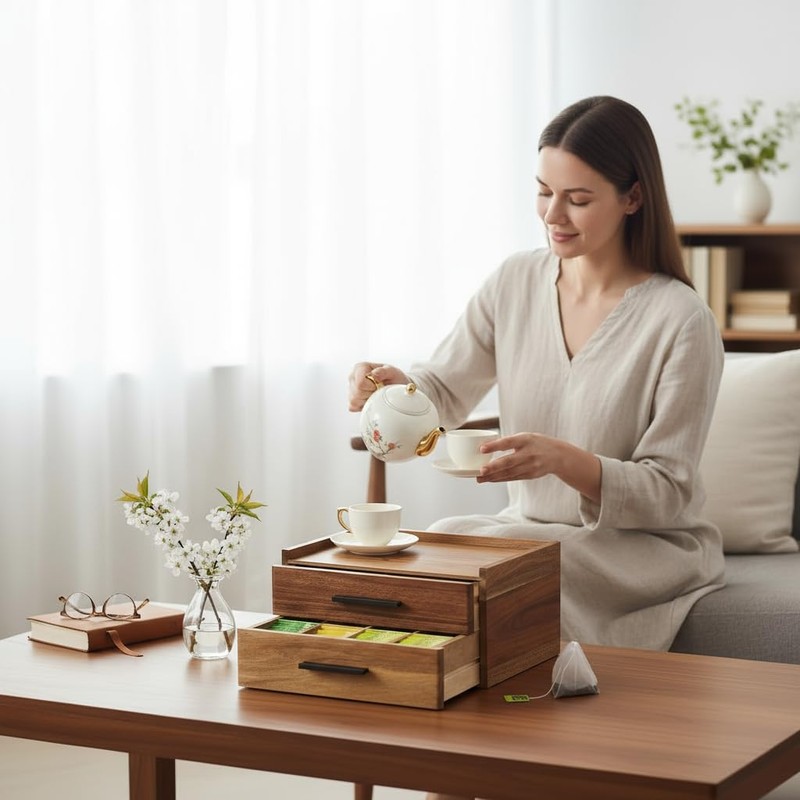 Acacia Wood Tea Bag Organizer with Gift Box, Double-Drawer Tea