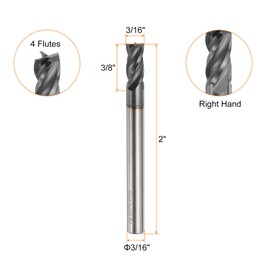 sourcing map Carbide Square Nose End Mill Bit 3/16" Cut Dia 4 Flutes TiAlN Coated Milling Cutter for Hardened Steel Metal (3/16" Shank 3/8" Cut Length 2" Long 30 Degree Helix)