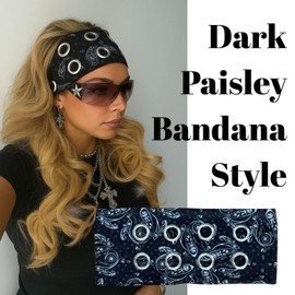 Juglok Wide Grommet Headband for Women Stretch Punk Hair Band with Metal Eyelets Y2K Gothic Head Wrap for Streetwear Adjustable Rock Style Hair Accessories (Black Paisley Print, Average)