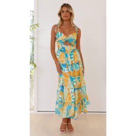 Womens Summer Spaghetti Strap Flowy Maxi Dress Boho Floral Ruffle Long Vacation Beach Dresses (Yellow Floral,S)