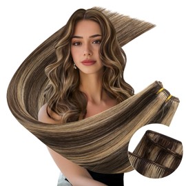 Ugeat Sew in Bundles Human Hair Highlights Weft Hair Extensions Dark Brown Highlights Caramel Blonde Hand Tied Weft Hair Extensions Double Weft 18inch 105G