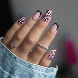 TBRZTR Black French Press on Nails Short Square Leopard False Nails Full Cover Coffin Nails French Leopard Stick on Nails Acrylic Artificial Nails Glossy Glue on Nails for Women Manicure Kit 24Pcs