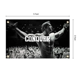 Bandera de conquista para Arnold Schwarzenegger de 3 x 5 pies con cuatro ojales de latón, divertido póster de motivación de gimnasio y fitness, bandera duradera de pared de cueva para decoración de